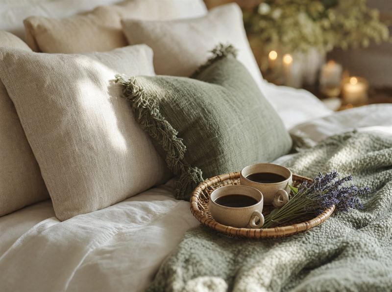 Bäddad säng med linne och en bricka med kaffekoppar i morgonljus – inspirationsbild